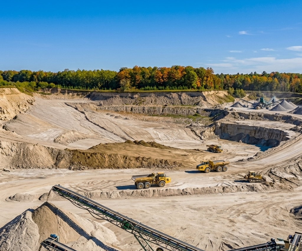 Locations Page: Large Aggregate Pit With Many Loaders and Machines In The Distance