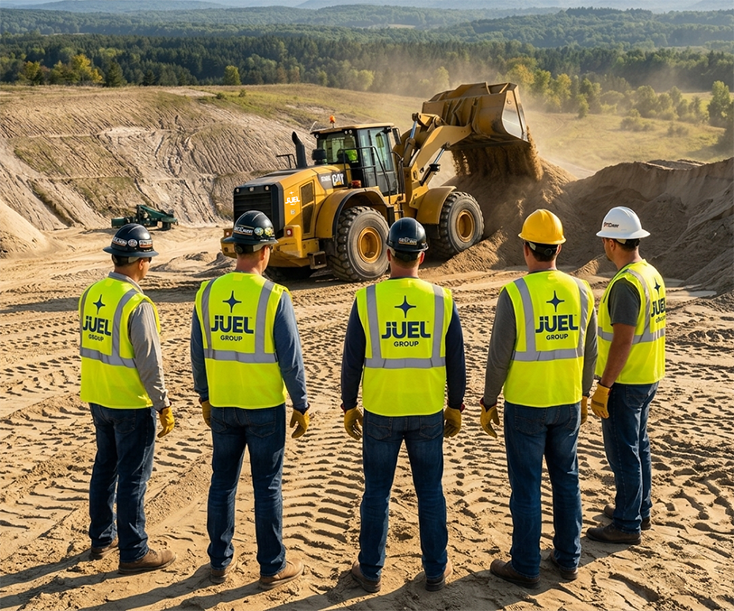 About Us Page - Group of 5 men in Brock Aggregates and Juel Group PPE uniforms oberserving a loader in action grabbing aggregate from a pile